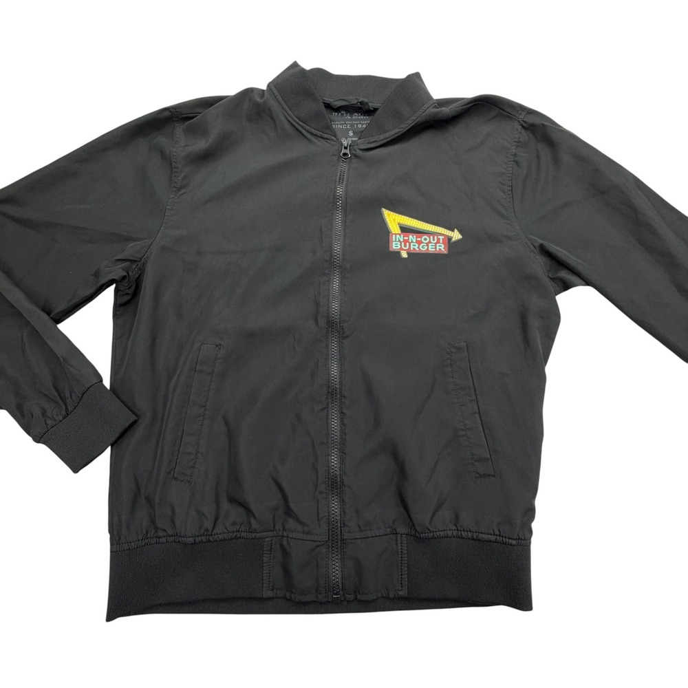 IN-N-Out Burger Employee Jacket Mens S Black Bomber Full Zip Pockets Polyester